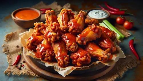 fried chicken covered in a red sauce with celery and dipping sauces